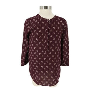 NYDJ Pintuck Blouse Burgundy Print 3/4 Sleeve Button Popover Top Shirt